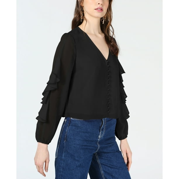 Bar III Womens Ruffle-Sleeve Button-Up Top Bar III Womens Ruffle-Sleeve Button-Up Top